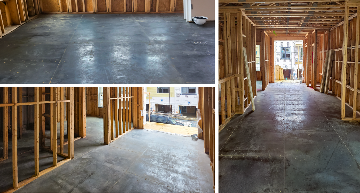 Brookside Reserve interiors showing MAXTERRA structural floor panels during wood-frame construction