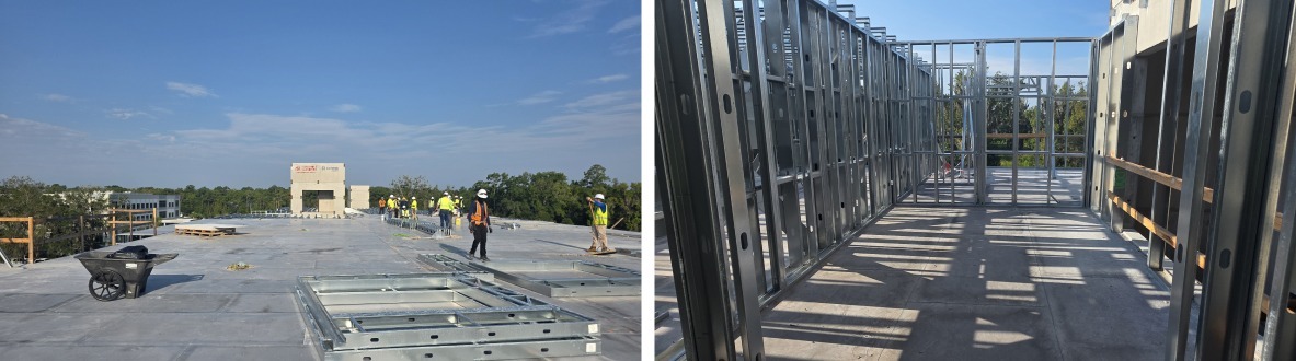 Construction crew on MAXTERRA® floor panels and cold-formed steel wall framing at Home2 Suites St. Johns.
