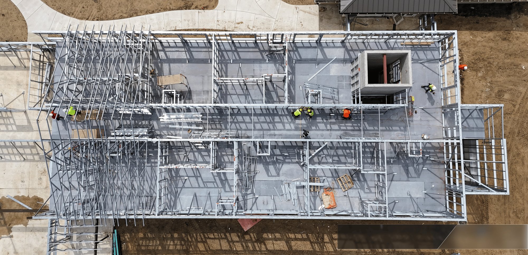 Overhead view of MAXTERRA structural floor panels and cold-formed steel framing at Trilogy Senior Center in Portage, Michigan.